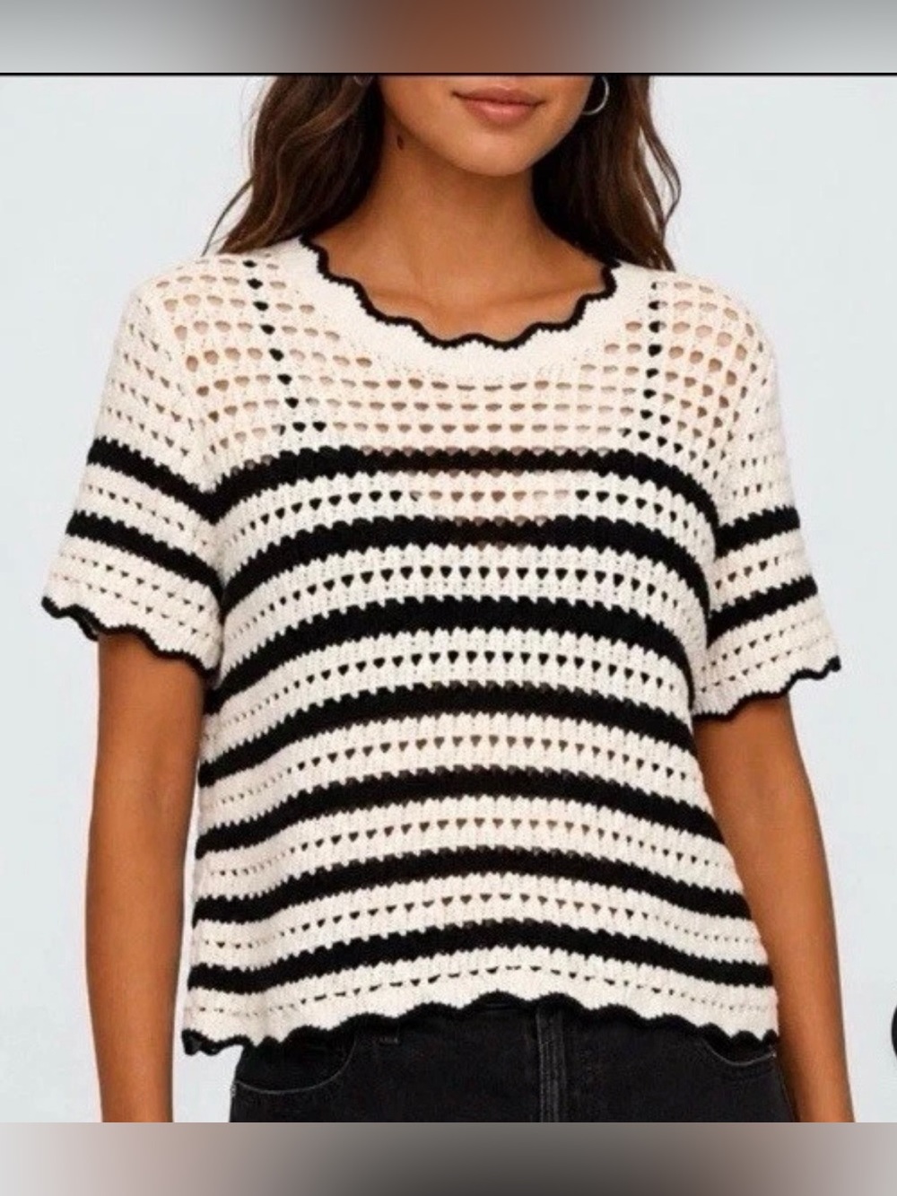 GAP Crochet Knit Striped Short Sleeve Sweater Top White Black Medium